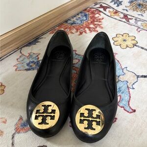 Tory Burch Black Flats with Gold Logo